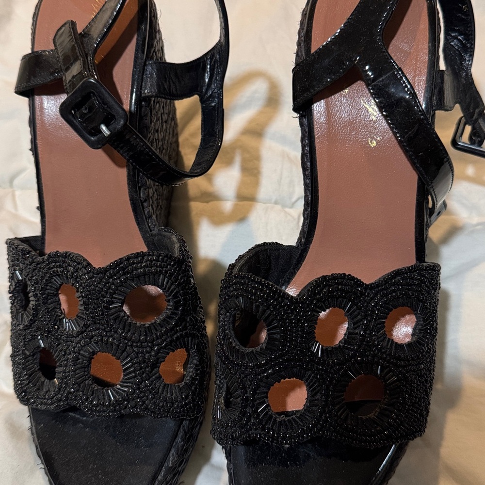 Robert Clergerie Black Woven Wedge Sandals